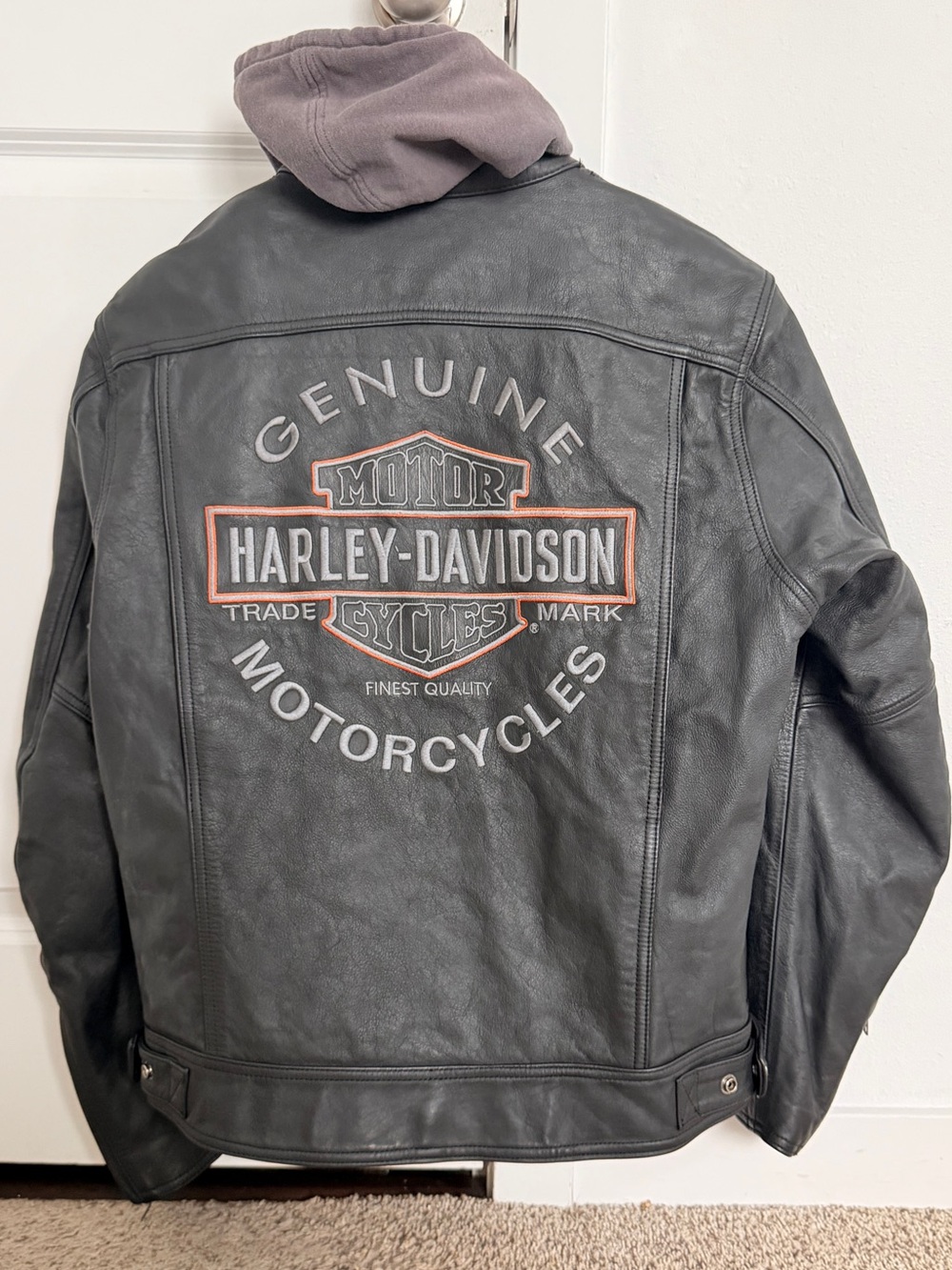 Harley-Davidson Black Leather Jacket with Orange & White Logo